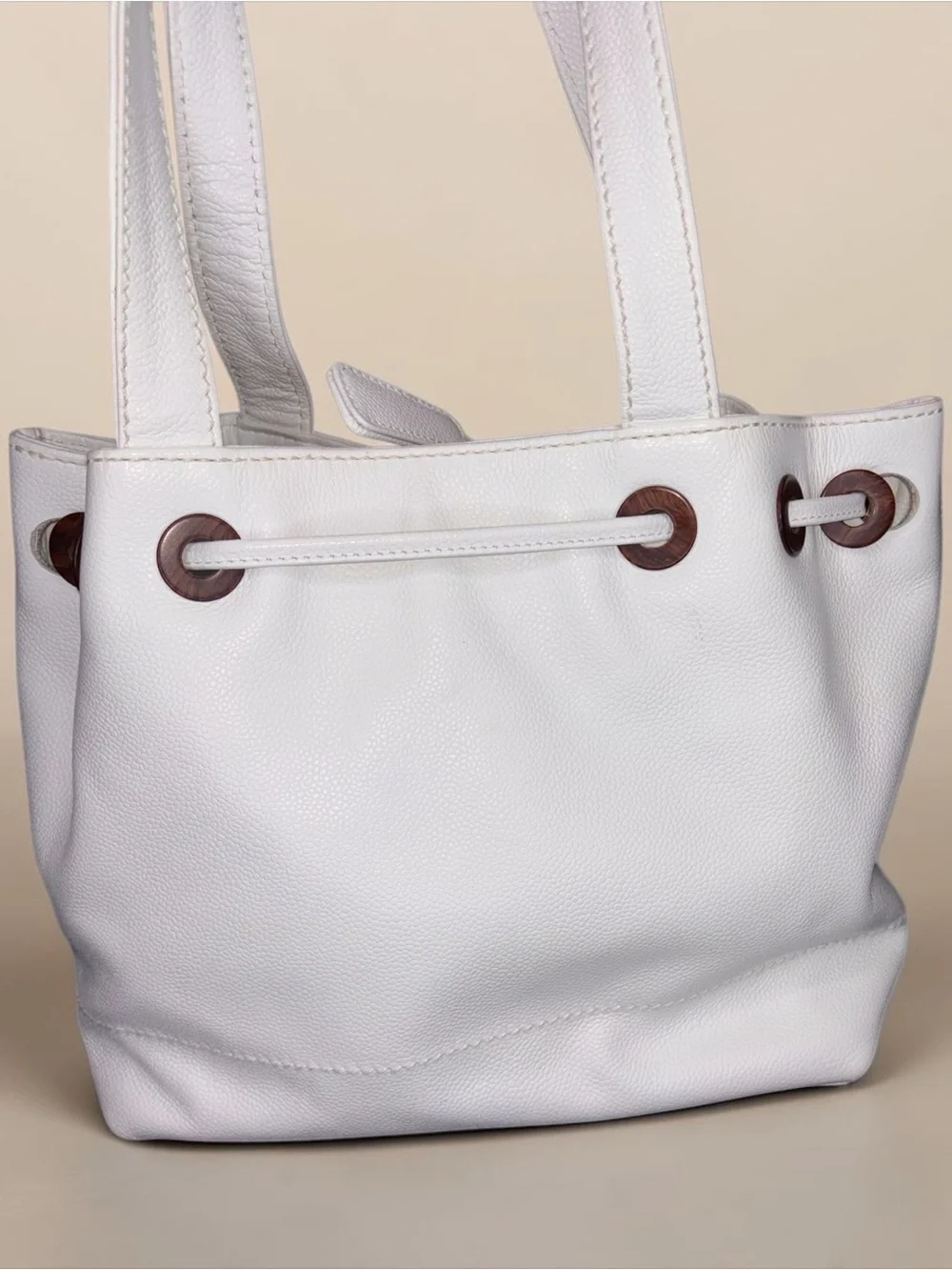 CHANEL Vintage White Caviar Leather CC Drawstring Tote Shoulder Bag 9.5”